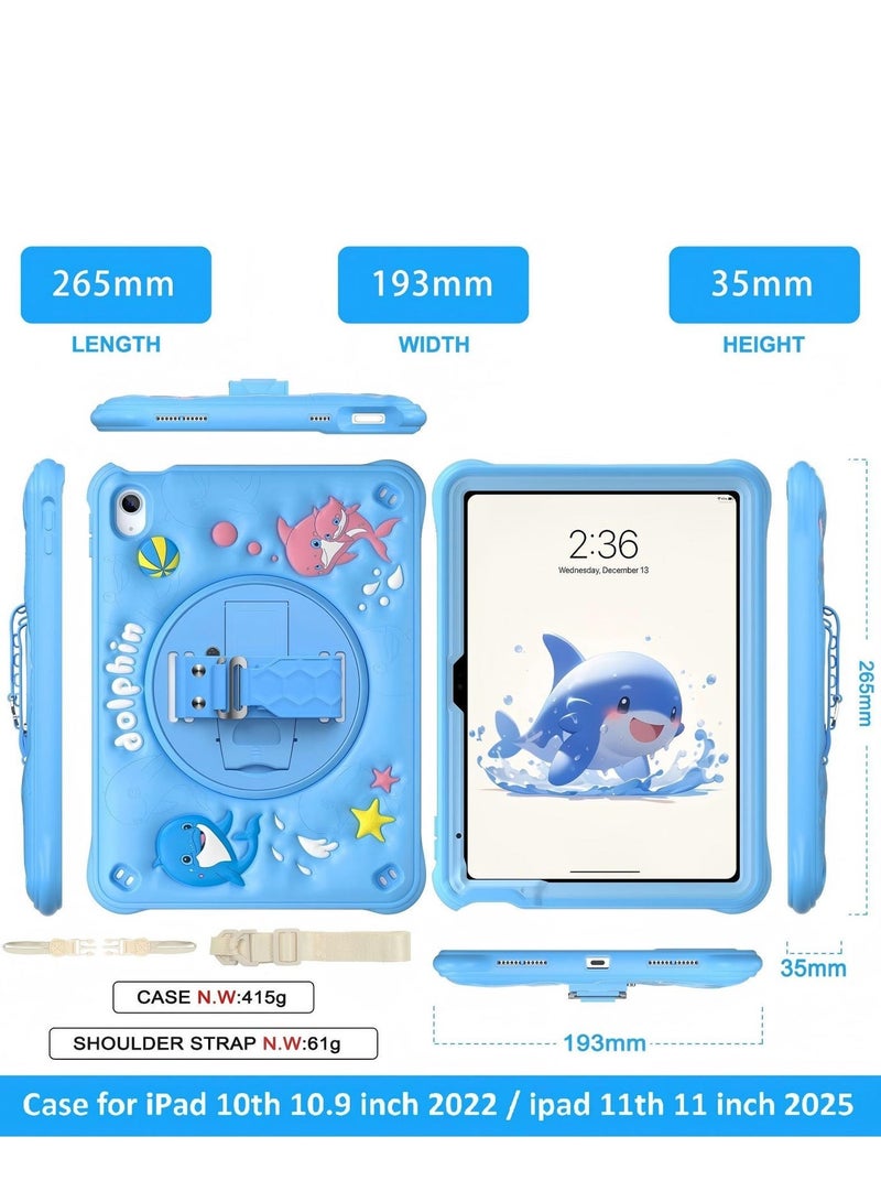 حافظة واقية للأطفال لأجهزة iPad (A16) متوافقة مع iPad من الجيل الحادي عشر (2025، 11 بوصة) / تناسب أيضًا طراز 2022 مقاس 10.9 بوصة وطرازات الجيل العاشر حافظة واقية مزدوجة الطبقة مع لوحة خلفية ناعمة من السيليكون بتصميم على شكل دلفين، مزودة بمقبض دوار وحزام كتف، مصممة خصيصًا للأطفال. - Image 2
