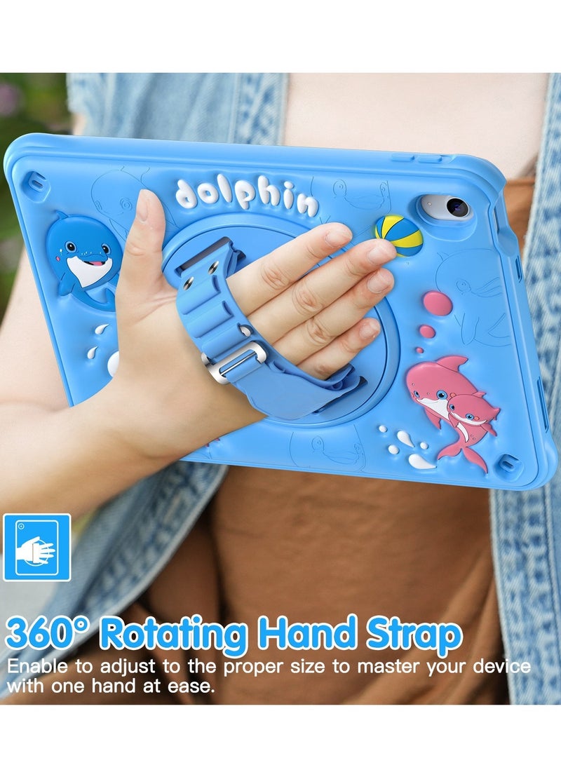 حافظة واقية للأطفال لأجهزة iPad (A16) متوافقة مع iPad من الجيل الحادي عشر (2025، 11 بوصة) / تناسب أيضًا طراز 2022 مقاس 10.9 بوصة وطرازات الجيل العاشر حافظة واقية مزدوجة الطبقة مع لوحة خلفية ناعمة من السيليكون بتصميم على شكل دلفين، مزودة بمقبض دوار وحزام كتف، مصممة خصيصًا للأطفال. - Image 3