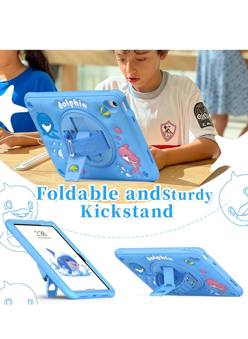حافظة واقية للأطفال لأجهزة iPad (A16) متوافقة مع iPad من الجيل الحادي عشر (2025، 11 بوصة) / تناسب أيضًا طراز 2022 مقاس 10.9 بوصة وطرازات الجيل العاشر حافظة واقية مزدوجة الطبقة مع لوحة خلفية ناعمة من السيليكون بتصميم على شكل دلفين، مزودة بمقبض دوار وحزام كتف، مصممة خصيصًا للأطفال. - Image 5