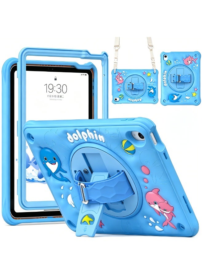 Kids Case for iPad (A16) 11th Gen 11 inch 2025/Case For iPad 10th Gen 10.9 inch 2022 , Double protective case Stand Soft Silicon Dolphin Back with Rotating Hand and Shoulder Strap Cover for Children - Image 1