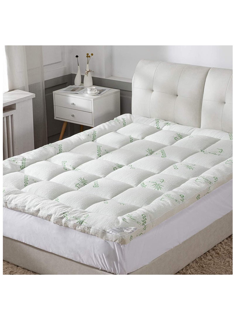Donetella Mattress Topper Hotel Style King Size With Fitted Style 200 x 200 + 8 Cms, Premium Quality Bamboo Viscose Fabric 1000 Gsm, White  - Image 2