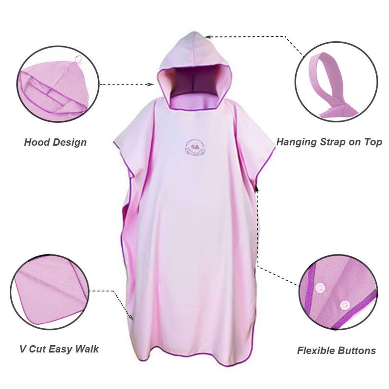 Hiturbo Microfiber Surf Poncho, Wetsuit Changing Bath Robe, Quick Dry Pool Swim Beach Towel with Hood (Pink) - Image 4