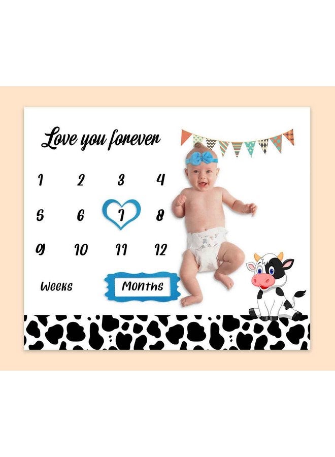 PHMOJEN PHMOJEN Cow Milestone Blanket for Baby Boy, Farm Animals Cow Print Photography Background Newborn First Year Growth Blanket for Baby Pictures Include 4 Frames and 1 Headband 48"x40" BTYYPH46  - Image 3