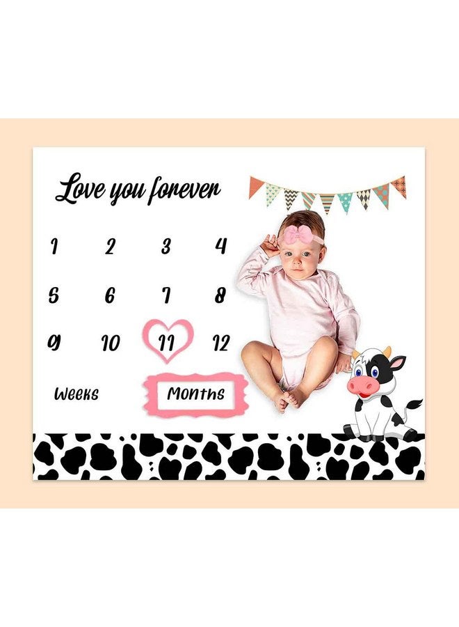 PHMOJEN PHMOJEN Cow Milestone Blanket for Baby Boy, Farm Animals Cow Print Photography Background Newborn First Year Growth Blanket for Baby Pictures Include 4 Frames and 1 Headband 48"x40" BTYYPH46  - Image 1