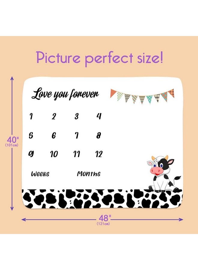 PHMOJEN PHMOJEN Cow Milestone Blanket for Baby Boy, Farm Animals Cow Print Photography Background Newborn First Year Growth Blanket for Baby Pictures Include 4 Frames and 1 Headband 48"x40" BTYYPH46  - Image 2