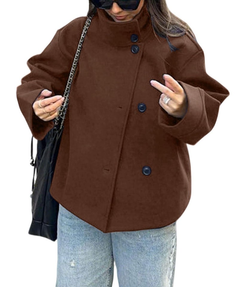 CHARTOU Women Crop Pea Coat Wool Blend Winter Loose Casual Short Jacket Outwear (Medium, Coffee) - Image 1
