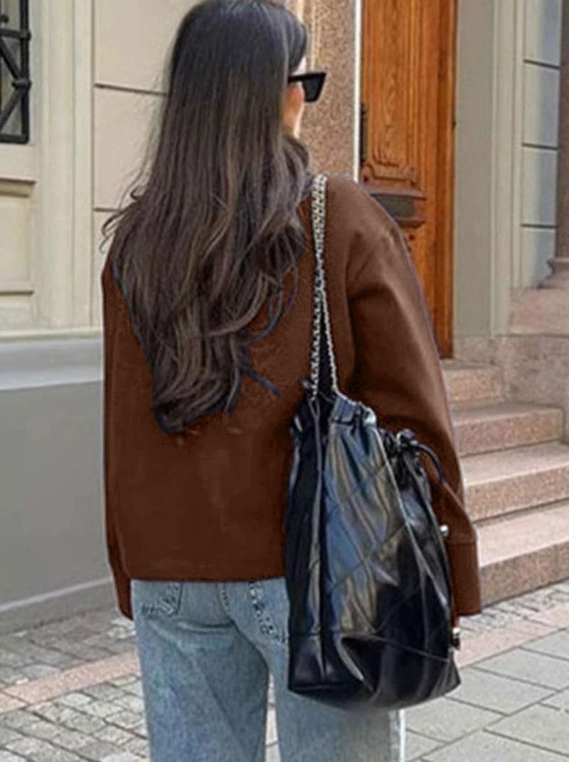CHARTOU Women Crop Pea Coat Wool Blend Winter Loose Casual Short Jacket Outwear (Medium, Coffee) - Image 4