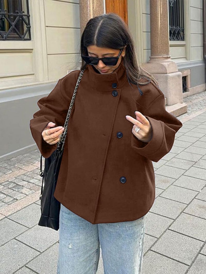 CHARTOU Women Crop Pea Coat Wool Blend Winter Loose Casual Short Jacket Outwear (Medium, Coffee) - Image 3