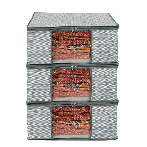 AARON INC Clothes Storage Organizers Saree Cover Wardrobe Transpsarent Window With Zipper Non Woven Saree Storage Box Cloth Packing Bag Lehenga Cover Dress Color Grey Pack Of 3,33 Cm,22 Cm - Image 1