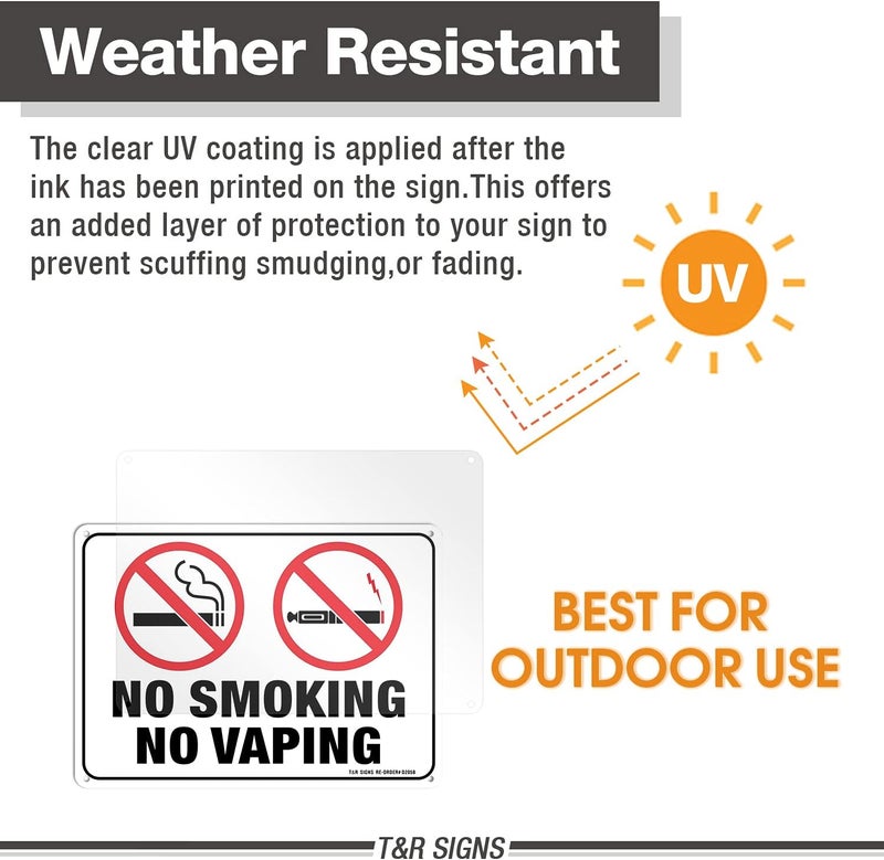 TR No Smoking No Vaping Sign - 2 Pack - 10 x 7 Inches Rust Free .040 Aluminum - UV Protected, Waterproof, Weatherproof and Fade Resistant - 4 Pre-Drilled Holes - Image 3