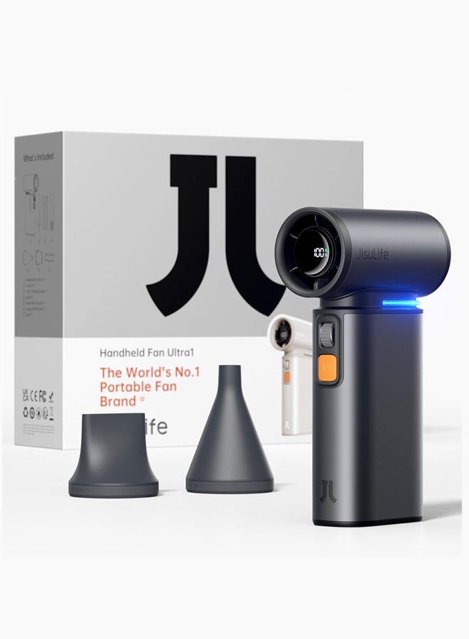 JIsulife Portable Handheld Turbo Fan, 100 Speeds Adjustable Mini Personal Fan, 9000mAh USB Rechargeable Fan Battery Operated, LED Display, Metal Shell with Accessories Gifts for Men Women Travel- Grey - Image 1