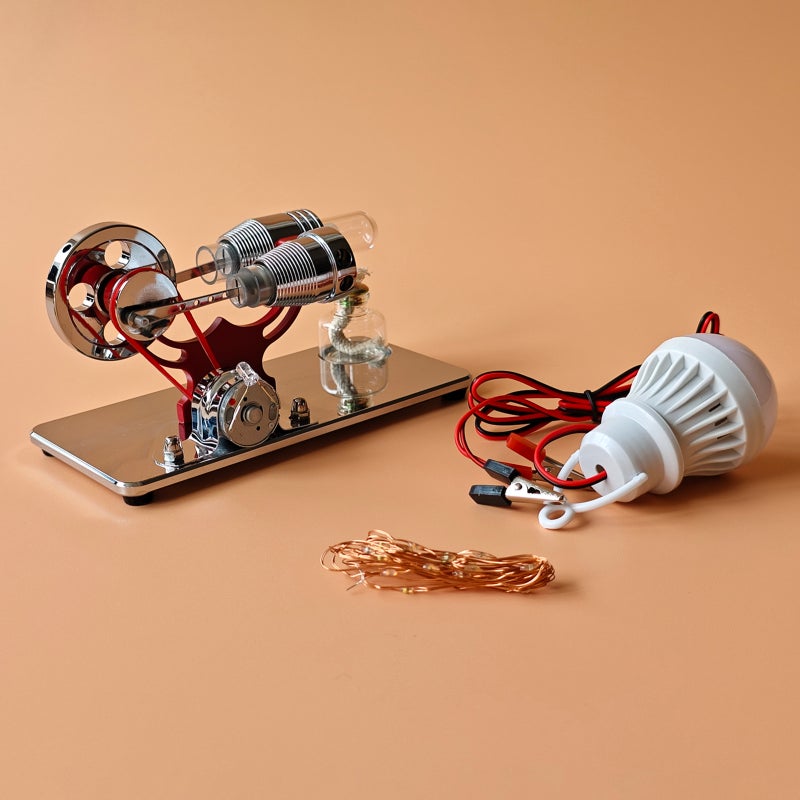 Mini Hot Air Stirling Engine: Red Aluminum CNC Machined Model - LED Colorful String Lights With 3 Effects Ready-To-Run Kit For Science Education, Students, Home Display - Image 4