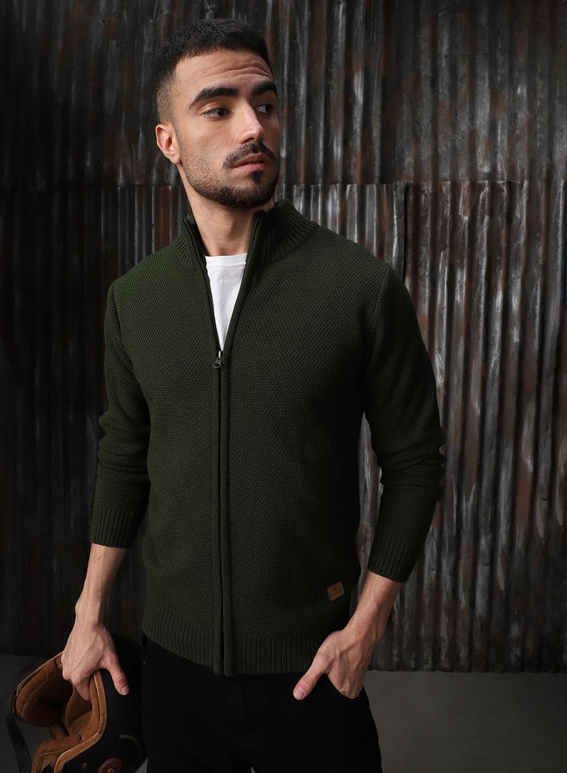 HIGH STAR Men's Olive 100% Acrylic Solid Regular Fit Sweater - Image 1