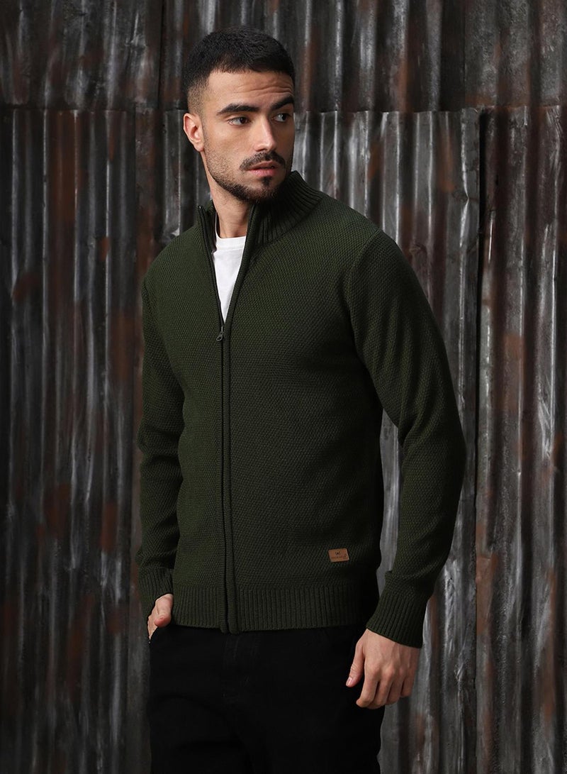 HIGH STAR Men's Olive 100% Acrylic Solid Regular Fit Sweater - Image 2
