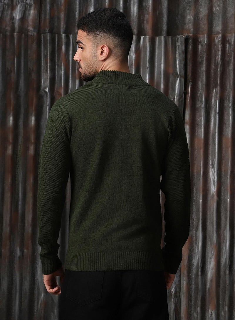HIGH STAR Men's Olive 100% Acrylic Solid Regular Fit Sweater - Image 3