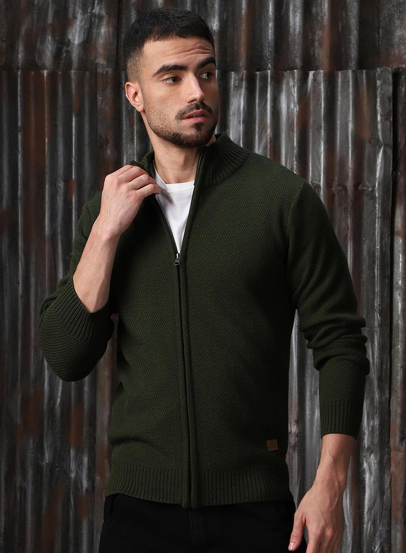 HIGH STAR Men's Olive 100% Acrylic Solid Regular Fit Sweater - Image 5
