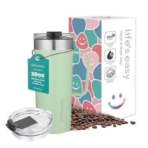 Life's Easy 20oz Stainless Steel Mug w/Handle - Double Wall Insulated Travel Tumbler w/Flip Lid - Leak Proof Tumbler-Thermal Cup for Coffee, Tea & More - Keep Hot & Cold Drinks (Mint Green, 20 oz) - Image 1