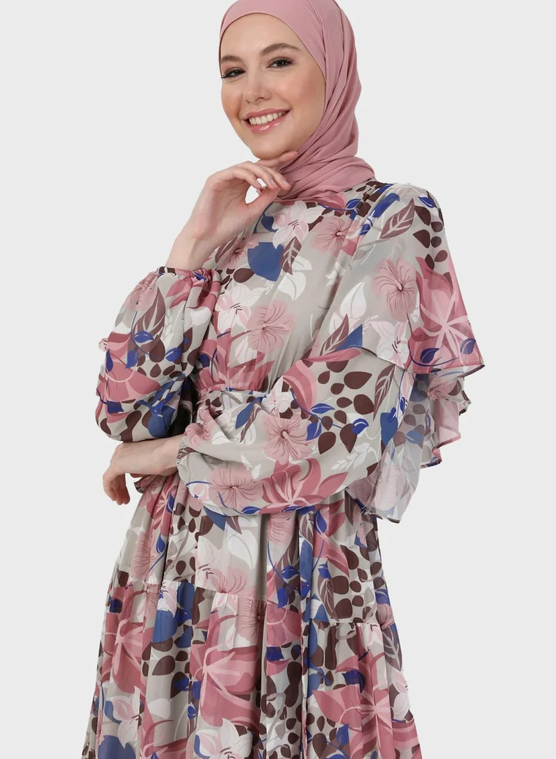 Refka by modanisa Balloon Sleeve Floral Print Tiered Dress