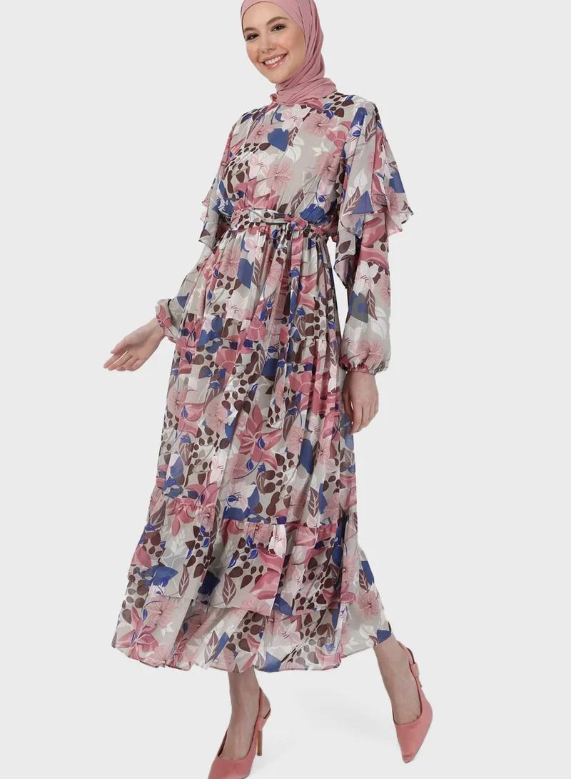 Refka by modanisa Balloon Sleeve Floral Print Tiered Dress