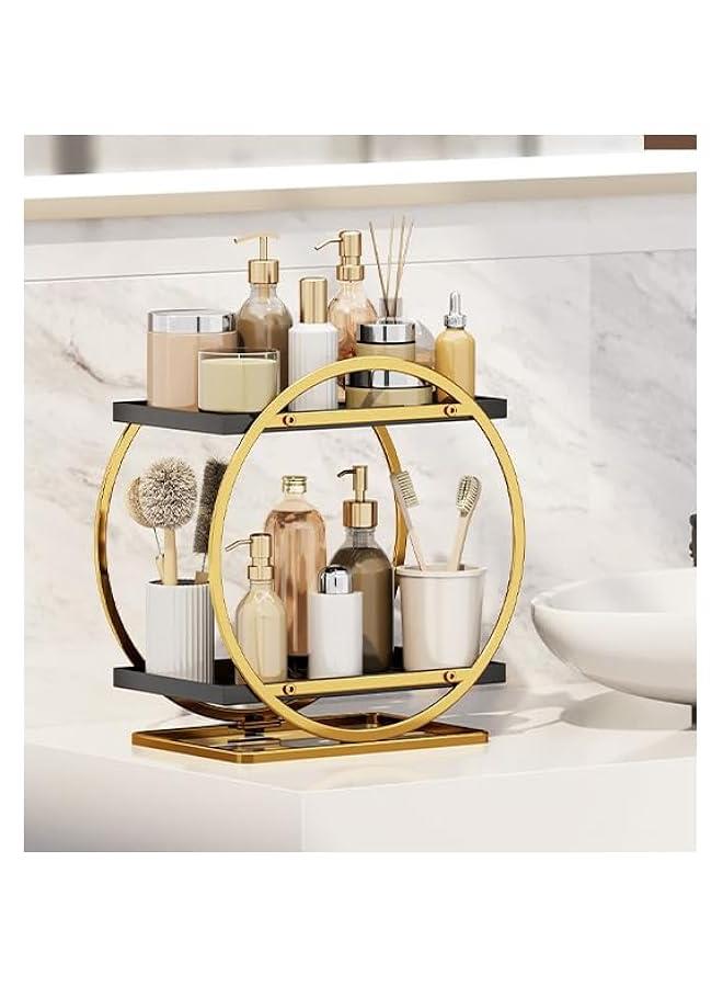 HOOKOR Makeup Organizer for Vanity, Perfume Organizer for Dresser- 2 Tier Skincare Organizers Bathroom Countertop Organizer, Make Up Counter Shelf Cosmetic Display Tray (Black Gold) - Image 1