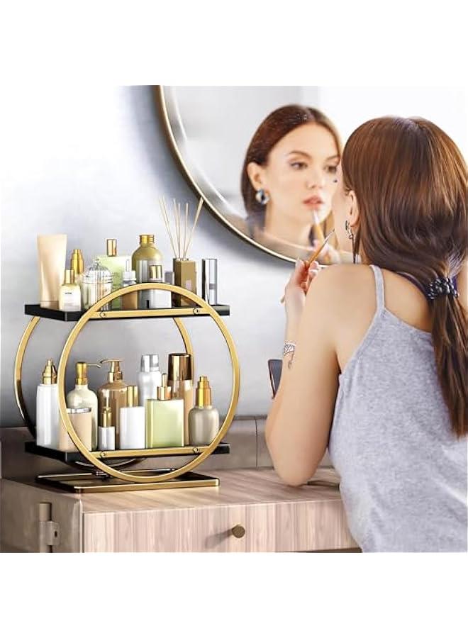 HOOKOR Makeup Organizer for Vanity, Perfume Organizer for Dresser- 2 Tier Skincare Organizers Bathroom Countertop Organizer, Make Up Counter Shelf Cosmetic Display Tray (Black Gold) - Image 2
