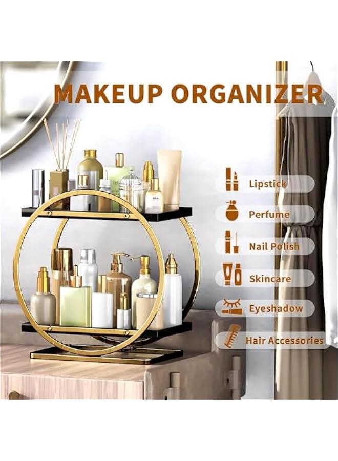 HOOKOR Makeup Organizer for Vanity, Perfume Organizer for Dresser- 2 Tier Skincare Organizers Bathroom Countertop Organizer, Make Up Counter Shelf Cosmetic Display Tray (Black Gold) - Image 3