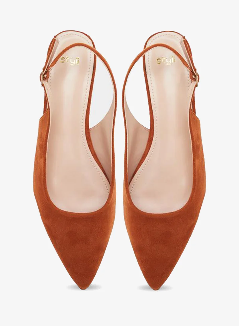 Styli Tan Suede Block Heel Slingbacks Shoes