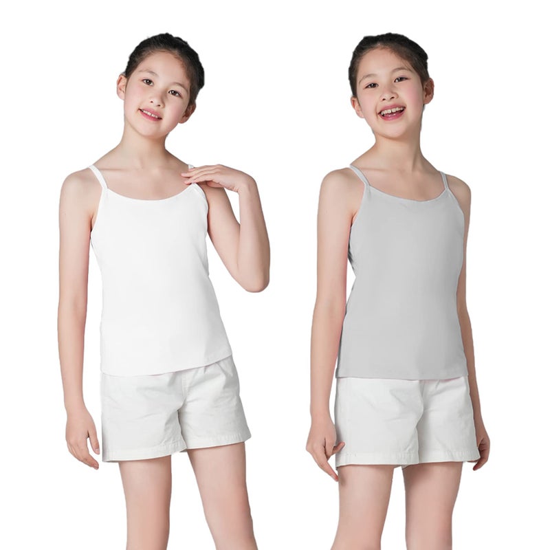QBK Training Bras for Teens Girls from 6 7 8 9 10 12 Years Old Camisoles Bralette Bras with Shelf Bra (2Pack) (White Grey 10-12) - Image 1