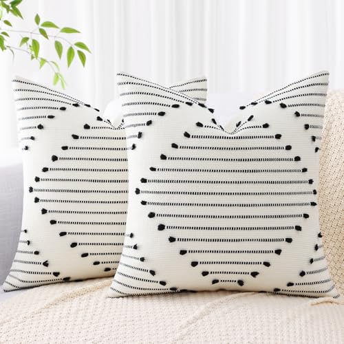 Mecatny Boho Outdoor Throw Pillow Covers 18X18 Set of 2, Farmhouse Decorative Pillow Covers for Couch Sofa Living Room, Black & Cream White - Image 1