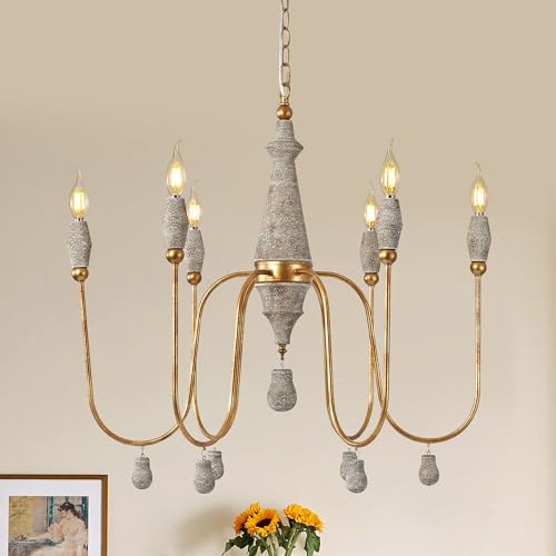 Klgxnrd 28.5" French Country Chandelier, 6-Light Farmhouse Dining Room Light Fixtures Over Table, Vintage Antique Wood Chandelier for Bedroom Kitchen Island Entryway Living Room Office - Image 1