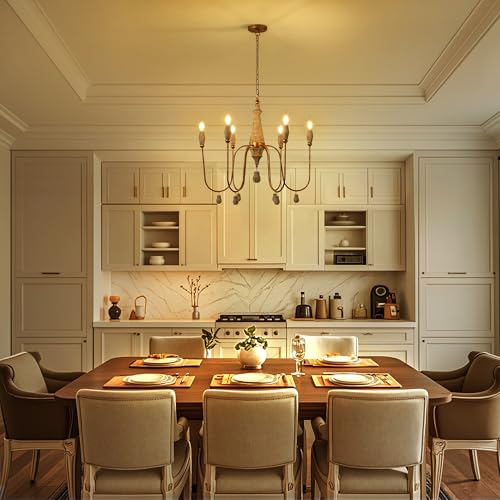 Klgxnrd 28.5" French Country Chandelier, 6-Light Farmhouse Dining Room Light Fixtures Over Table, Vintage Antique Wood Chandelier for Bedroom Kitchen Island Entryway Living Room Office - Image 2