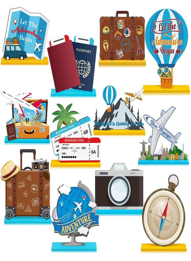 مجموعة مارسوي المكونة من 12 قطعة من زينة الطاولات الخشبية ذات الطابع السياحي، مثالية لتزيين حفلات السفر حول العالم، مع دعائم تصوير مميزة لحفلات "لتبدأ المغامرة" وحفلات الوداع. - Image 1