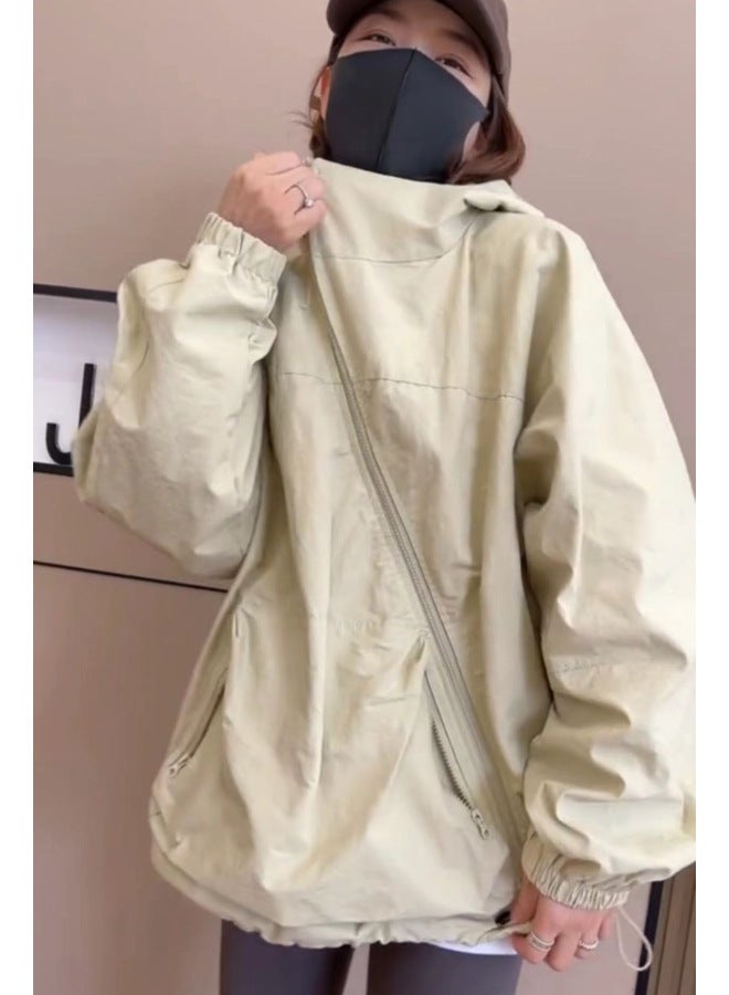 European-style Oblique Zipper Hooded Windbreaker Coat For Women 2023 Spring And Autumn Outdoor Casual Hooded Jacket Windbreaker