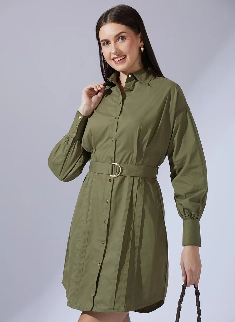 globus Globus Women Olive Collared Neck Cuffed Sleeves Solid Pleated Mini Workwear Shirt Dress With D-Ring Belt