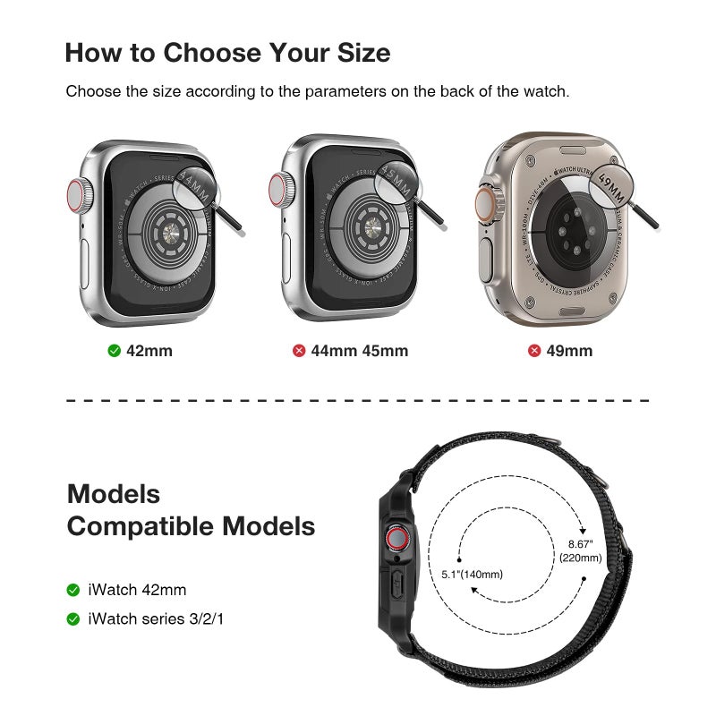 SUNFWR Bands Compatible with Apple Watch 42mm with Case,Rugged Velcro Nylon Sport Apple Watch Strap with Protective Cover for iwatch Series 3/2/1 for Men (Black Black Tags, 42mm) - Image 2