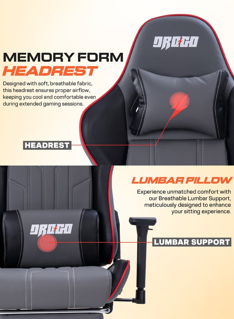 DROGO Wrath Pro Ergonomic Gaming Chair, Computer Chair with Adjustable Seat, PU Leather, 3D Armrest, Memory Foam Head & Lumbar Support Pillow Home & Office Chair with Footrest & Recline Black / Grey - Image 3