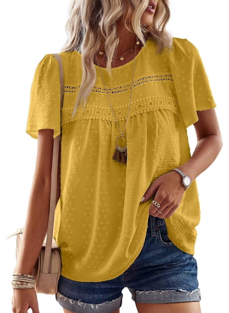 Falechay Yellow Tops Crew Neck Short Sleeve Tunic Shirts Flowy Spring Shirts for Women Tassel Trendy Dressy Blouses Loose Babydoll Oversized Clothes M - Image 1