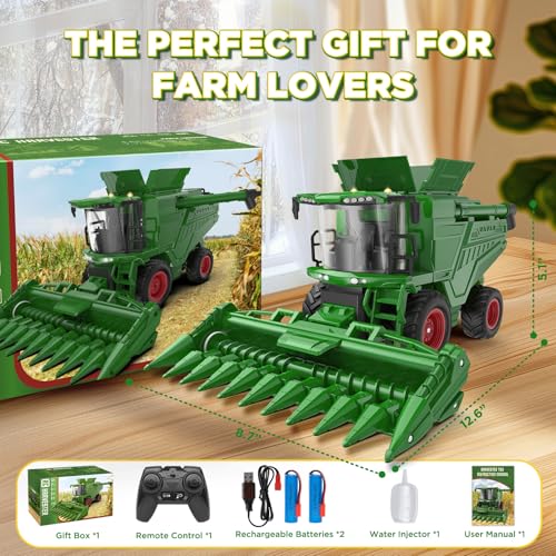 Uarzt Remote Control Combine Harvester Tractor Toy with Corn Head, RC Tractor Toys for Kids 3+, Light/Spray/Sound/1/24 Scale, Farm Toy Combine Harvester for Kids, Christmas Birthday Gift 2025 - Image 5
