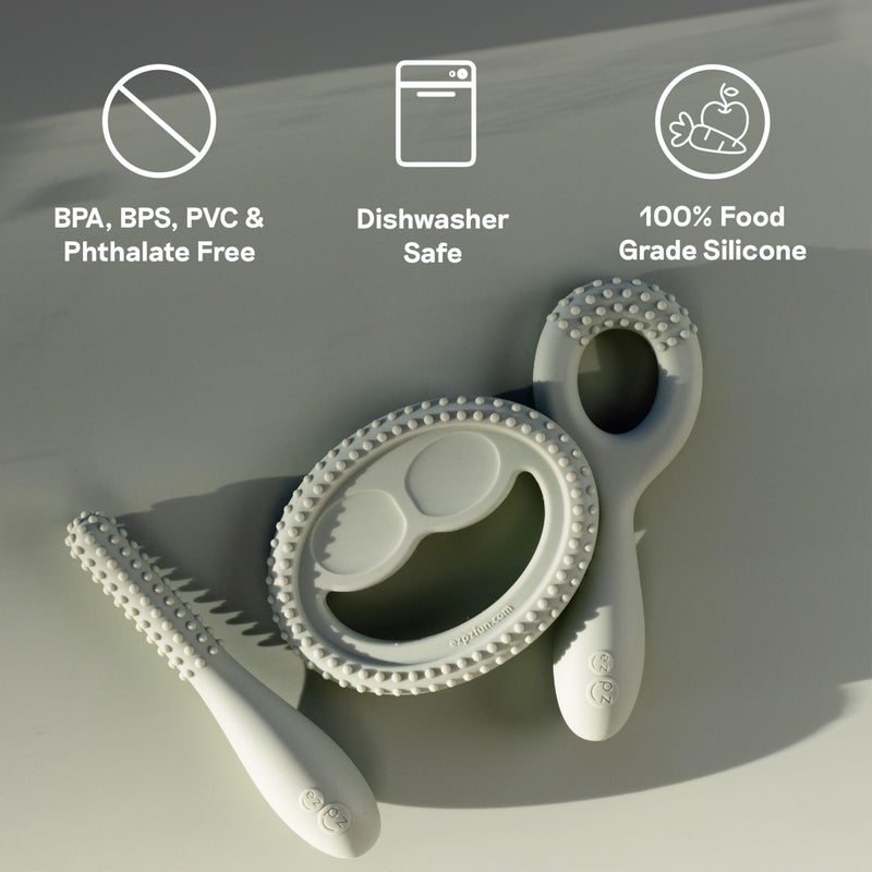 ezpz أدوات تطوير الفم - 3 أشهر+ (عبوة 3 في اللون الساج) - حلقة غير قابلة للانزلاق، ابتسامة ولصق، أدوات سيليكون 100% لممارسة التغذية + المضغ - نتوءات حسية - آمنة للغسل في غسالة الصحون - Image 5