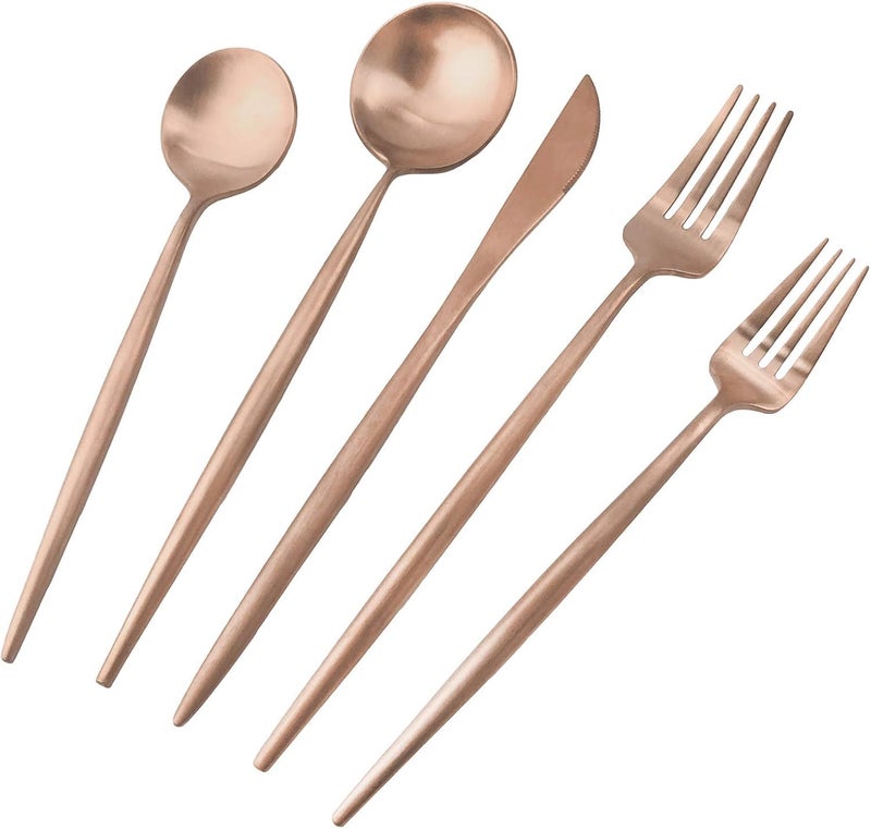 LOOKMINT 5 Pieces Stainless Steel Cutlery Set Dessert Spoon Knife Tableware Portuguese Cutlery Set FiveRose Gold 1Set - Image 1