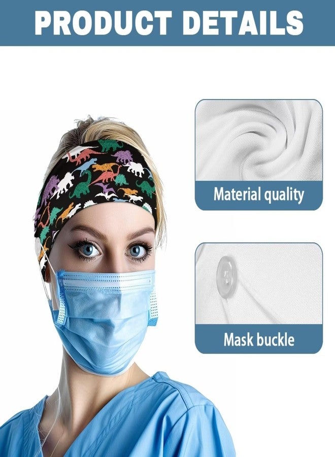 Babrukda Button for Mask Doctors Nurses Headband No Slip Elastic Ear Protection Men Women Head Wraps Dinosaur Print Wide Hairband Athlettic Sweatband Turban Head Bands for Protect Ear - Image 5