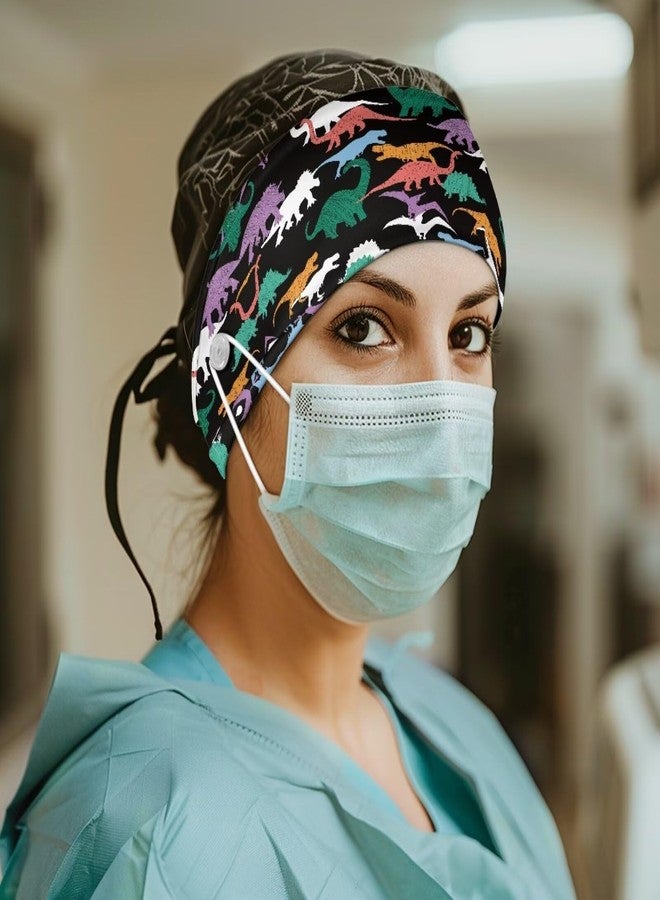 Babrukda Button for Mask Doctors Nurses Headband No Slip Elastic Ear Protection Men Women Head Wraps Dinosaur Print Wide Hairband Athlettic Sweatband Turban Head Bands for Protect Ear - Image 2