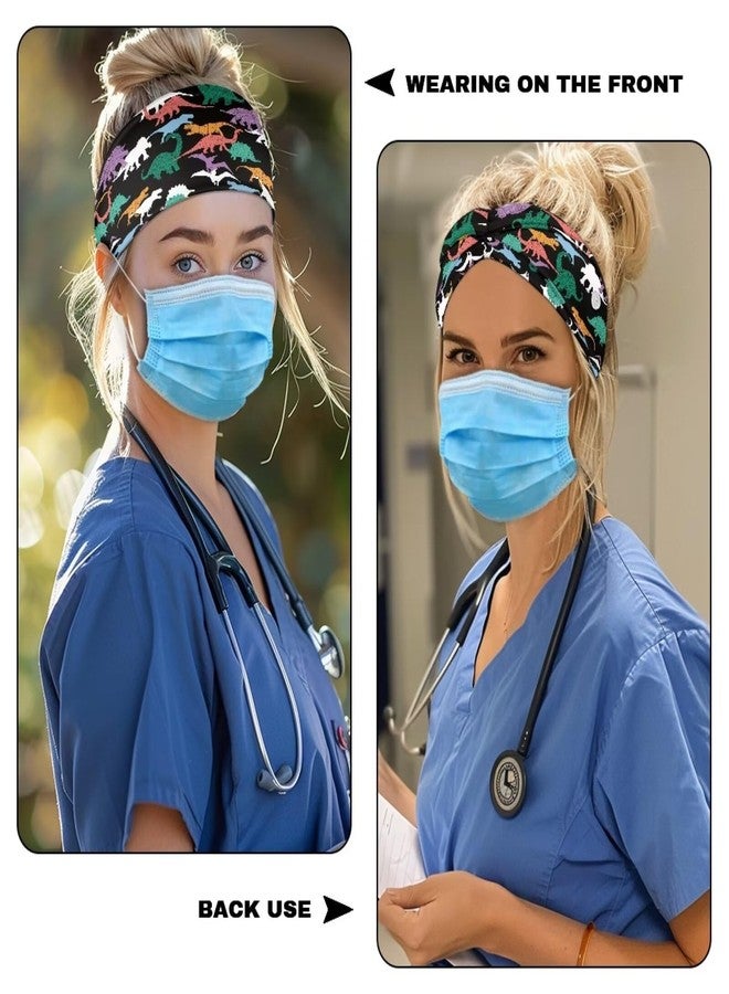 Babrukda Button for Mask Doctors Nurses Headband No Slip Elastic Ear Protection Men Women Head Wraps Dinosaur Print Wide Hairband Athlettic Sweatband Turban Head Bands for Protect Ear - Image 3