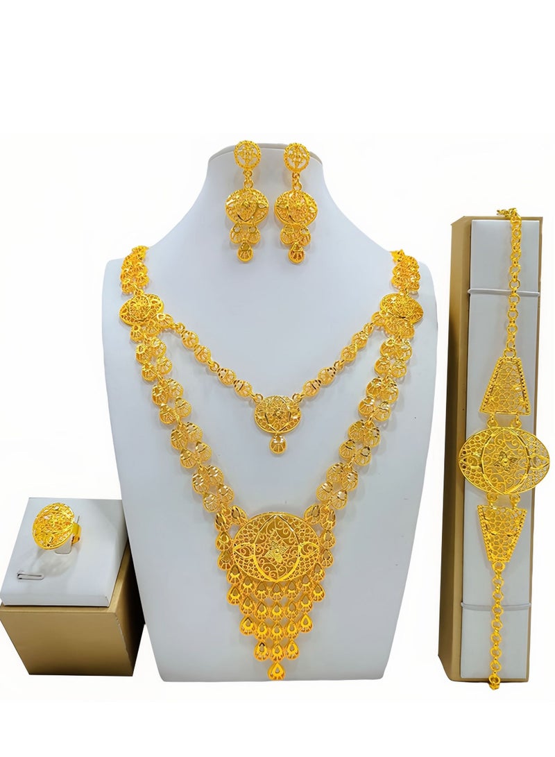 Elegant 4-Piece Gold Plated Bridal Jewelry Set - Necklace, Earrings, Bracelet, Ring