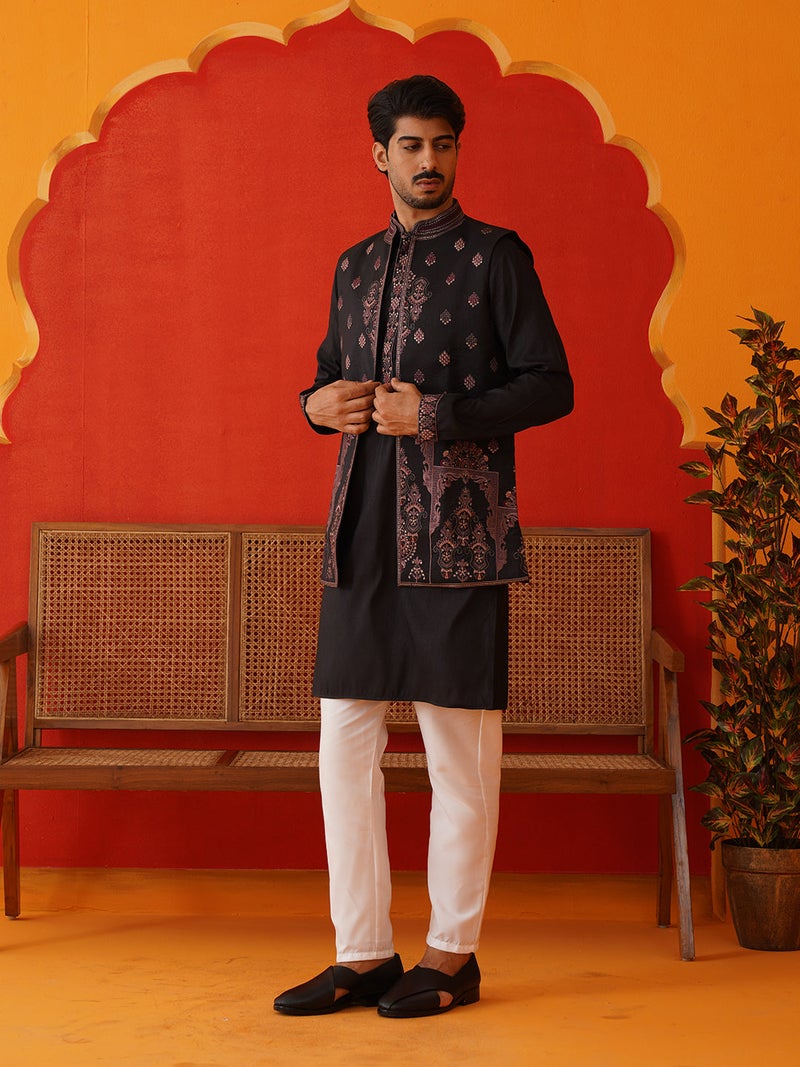 NOZ2TOZ Embroidered Black Kurta Pyjama for Men - Image 2