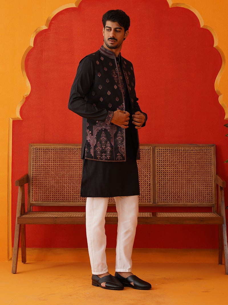 NOZ2TOZ Embroidered Black Kurta Pyjama for Men - Image 4