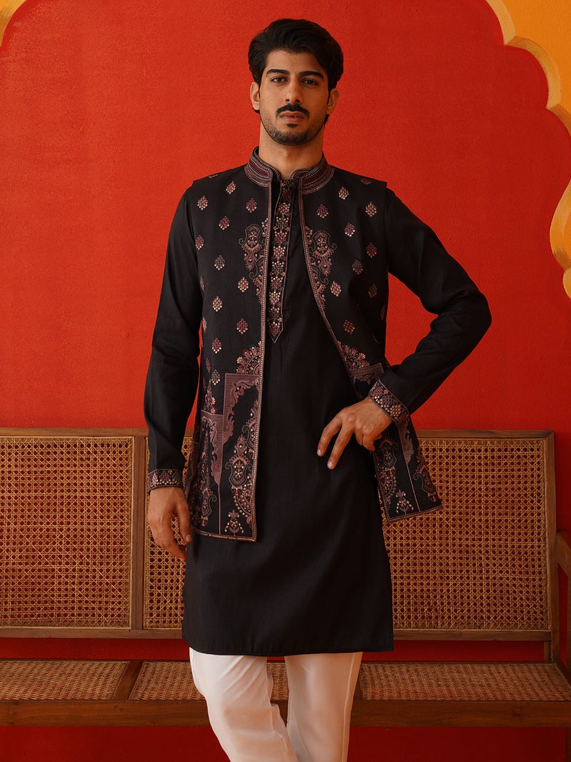 NOZ2TOZ Embroidered Black Kurta Pyjama for Men - Image 1