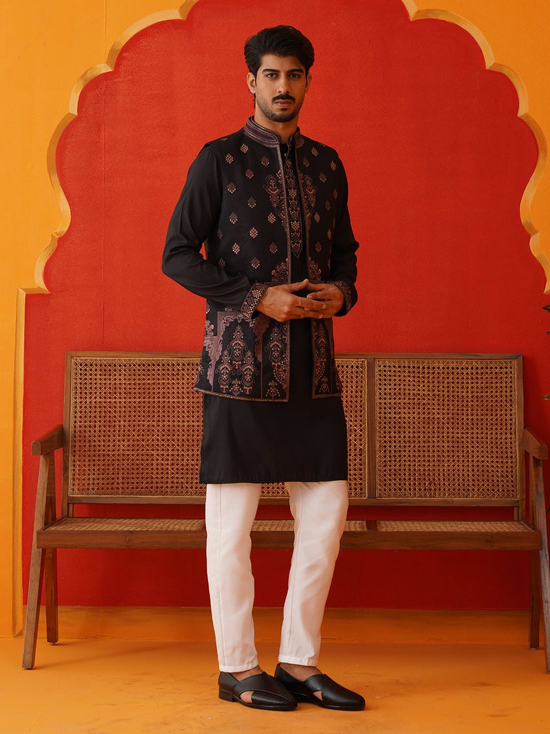 NOZ2TOZ Embroidered Black Kurta Pyjama for Men - Image 5