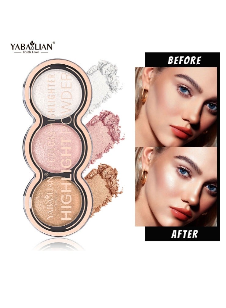 Yabaolian 3 Color Glitter Highlighter Powder Palette,3 in 1 Blush and Highlighter Powder Makeup,Waterproof Long Lasting,Highly Pigmented Face Illuminator for a Glowing Look 1 Pcs Palette No 1 - Image 3