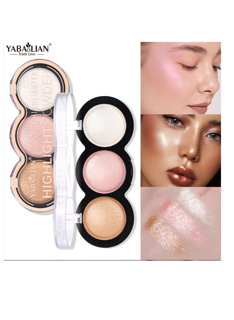 Yabaolian 3 Color Glitter Highlighter Powder Palette,3 in 1 Blush and Highlighter Powder Makeup,Waterproof Long Lasting,Highly Pigmented Face Illuminator for a Glowing Look 1 Pcs Palette No 1 - Image 1